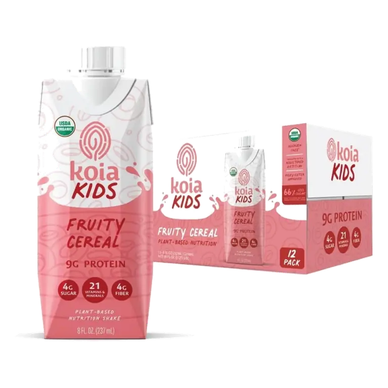 Koia Kids Plant Based Protein Shake, Fruity Cereal, Ready to Drink, 9g Protein, 4g Low Sugar, 4g Fiber, Dairy-Free, 8 Fl Oz (Pack of 12)