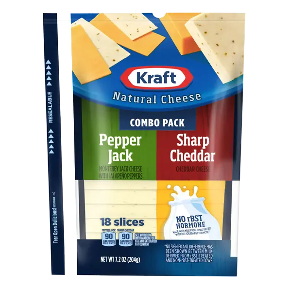 Kraft Combo Pack, Pepper Jack & Sharp Cheddar Cheese Slices, 18 Ct