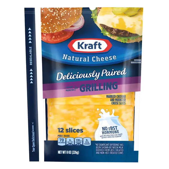 Kraft Deliciously Paired Natural Cheddar and Muenster Marbled Cheese Slices for Grilling, 12 Slices
