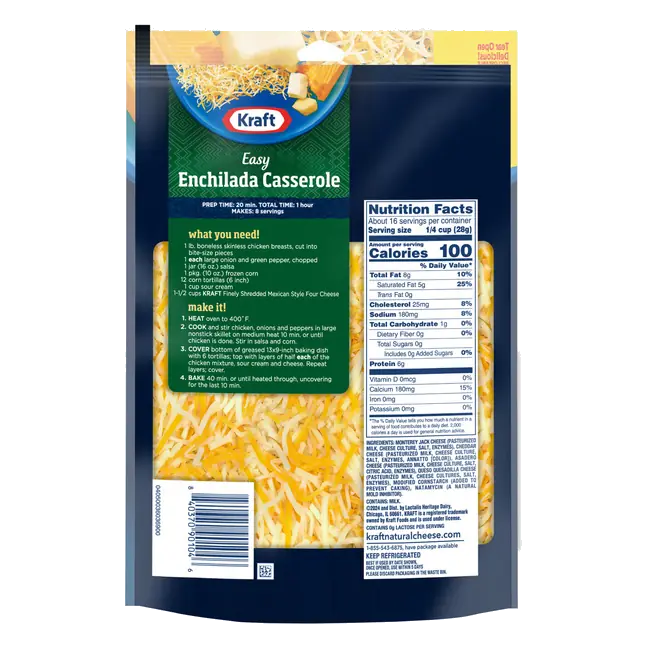 Kraft Mexican Style Four Cheese Shredded Cheese, 16 oz Bag