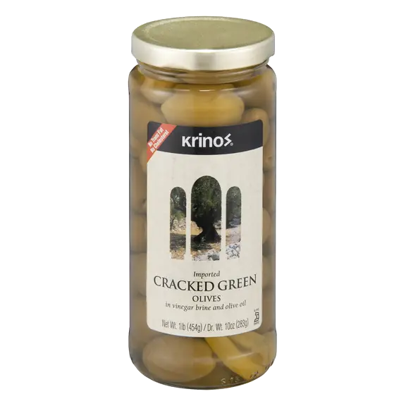 Imported Cracked Green Olives in Vinegar Brine and Olive Oil