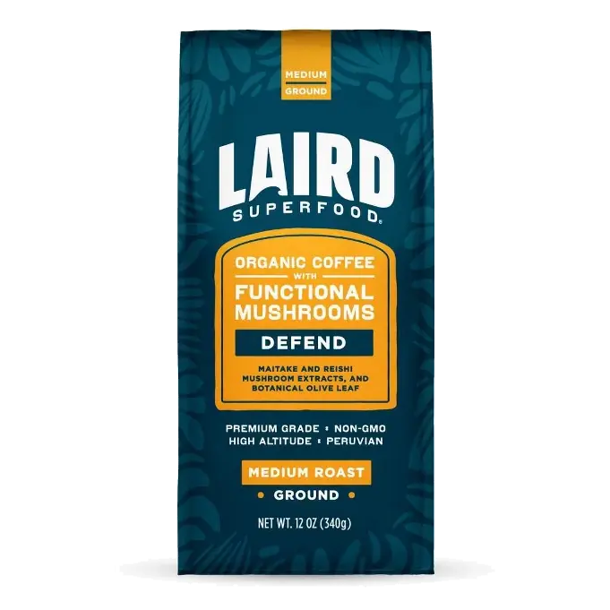 Laird Superfood Medium Roast Defend Functional Mushroom Ground Peruvian Organic Coffee, Made with Adaptogens, 12oz