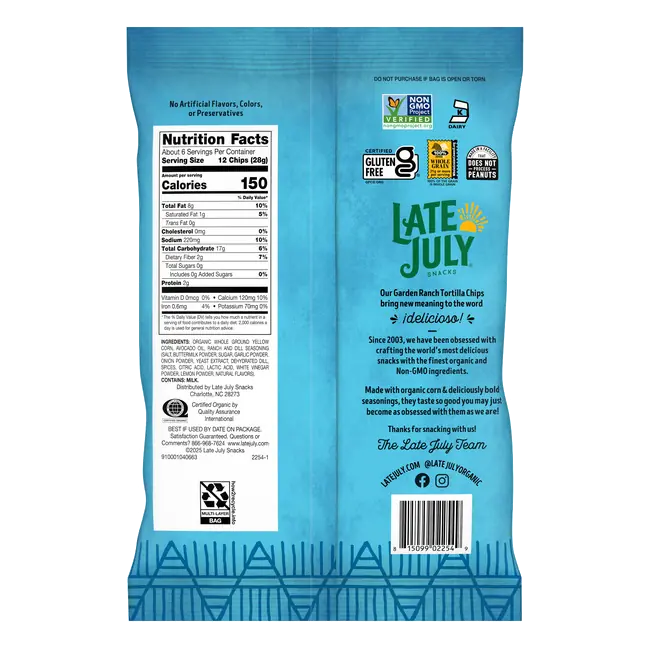 LATE JULY Snacks Garden Ranch Tortilla Chips, 6 Oz Bag