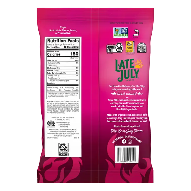 LATE JULY Snacks Hawaiian Habanero Tortilla Chips, 6 Oz Bag
