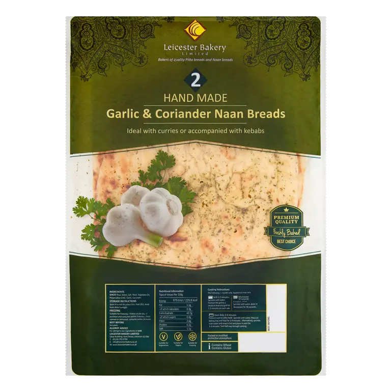 Leicester Bakery Limited 2 Hand Made Garlic & Coriander Naan Breads