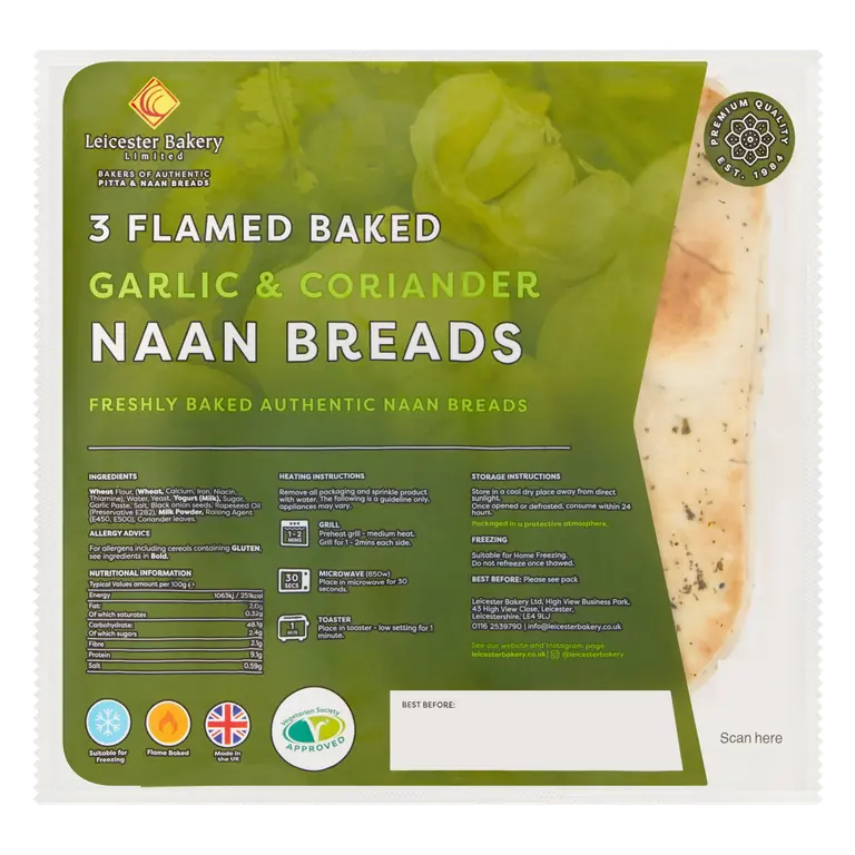 Leicester Bakery Limited 3 Flamed Baked Garlic & Coriander Naan Breads