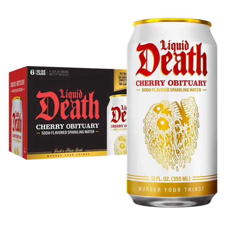 Liquid Death Cherry Obituary Sparkling Water, 6pk/12 fl oz Cans