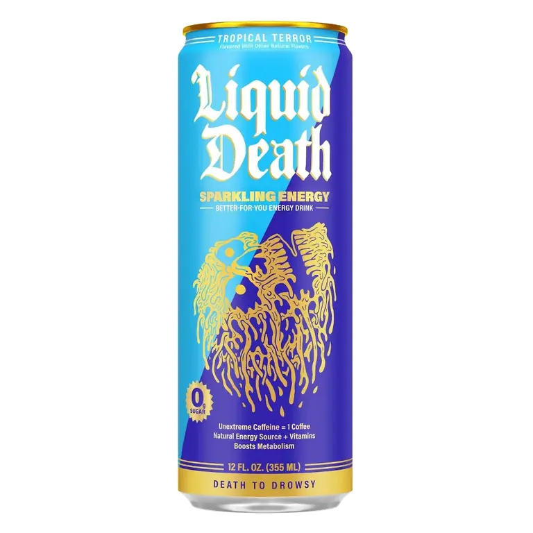 Liquid Death Sparkling Energy-Tropical Terror (Classic Piña Colada) Zero Sugar Unextreme Caffeine 100mg, Essential Vitamins, 12 Fl Oz