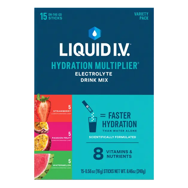 Liquid I.V. Electrolyte Drink Mix Variety Pack, 15-0.56 oz Sticks, Strawberry/Passion Fruit/Watermelon
