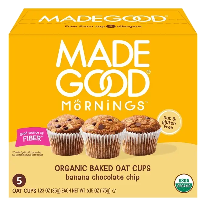 MadeGood Banana Chocolate Chip Organic Baked Oat Cups, 6.15oz/5ct