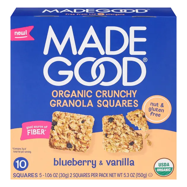 MadeGood Organic Crunchy Granola Squares, Blueberry & Vanilla, 5-1.06 oz Packs