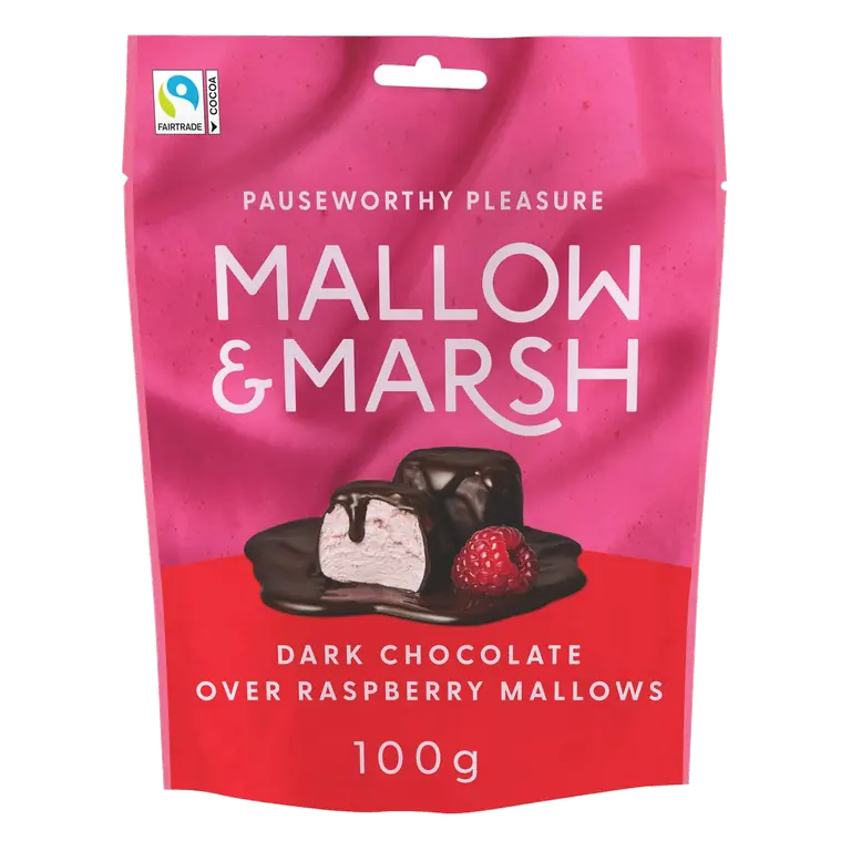 Raspberry Marshmallows Coated in 70% Dark Chocolate 100g