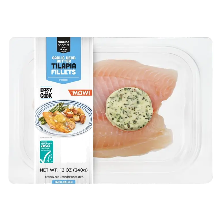 Marine Harvest by MOWI Garlic Herb Butter Filleted Raw Tilapia, - 12oz: ASC Certified, Farm Raised