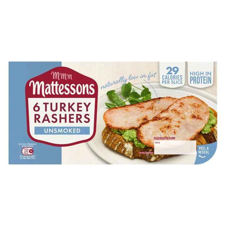 6 Unsmoked Turkey Bacon Rashers 150g