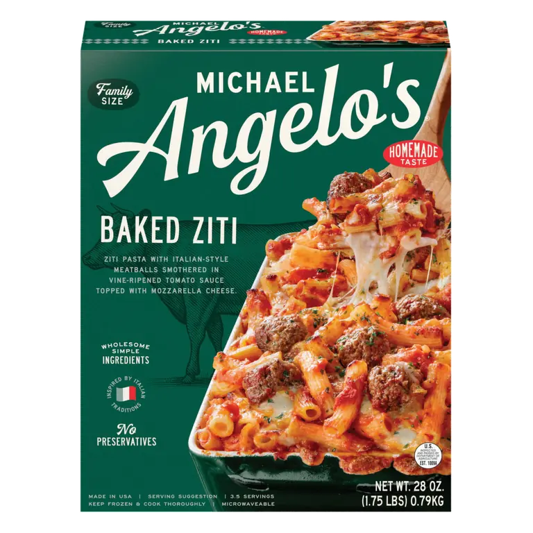 Italian-Style Meatballs and Ziti Pasta Smothered in Vine-Ripened Tomato Sauce, Topped with Mozzarella Cheese., Baked Ziti with Meatballs