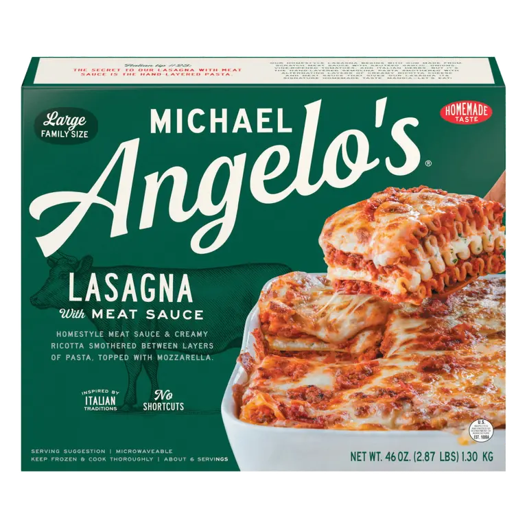 Lasagna with Meat Sauce Homestyle Meat Sauce & Creamy Ricotta Smothered Between Layers of Pasta, Topped with Mozzarella
