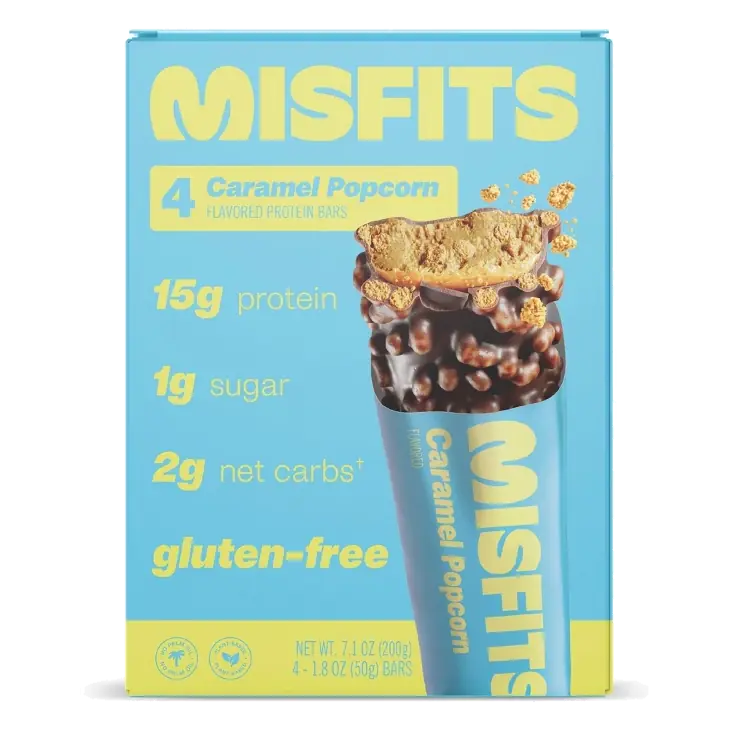 Misfits Health Plant Based Caramel Popcorn Protein Bars, 7.10oz/4pk