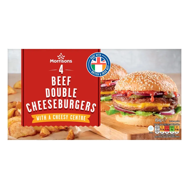 4 Beef Double Cheeseburgers With a Cheesy Centre 454g