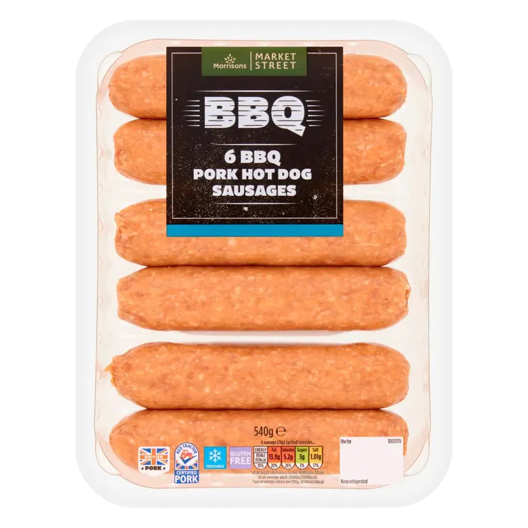 6 BBQ Pork Hot Dog Sausages 540g