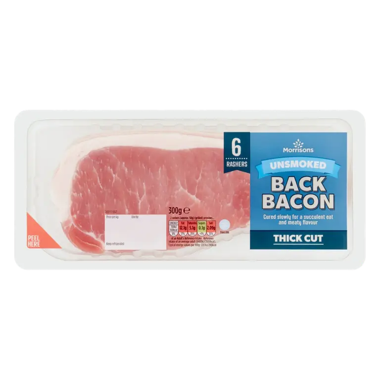 6 Pack Unsmoked Back Bacon Rashers 300g