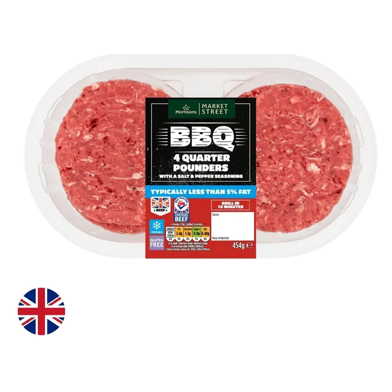 British Beef Quarter Pounders 5% Fat 4 Pack 454g