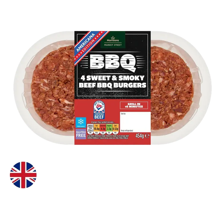 British Sweet & Smokey Beef Bbq Burgers 4 Pack 454g