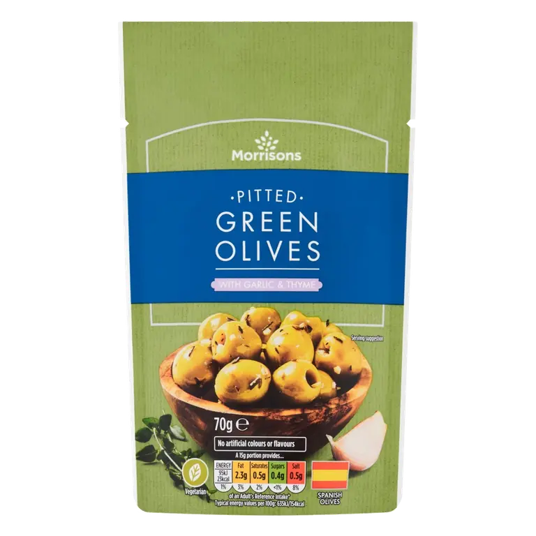 Pitted Green Olives With Garlic & Thyme (70g)