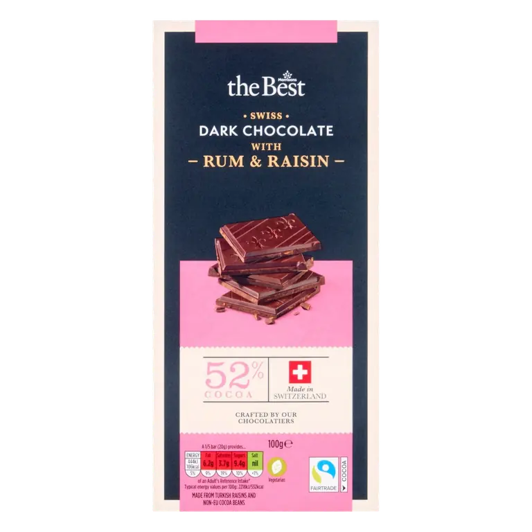 52% Cocoa Rum & Raisin Flavour Dark Chocolate 100g