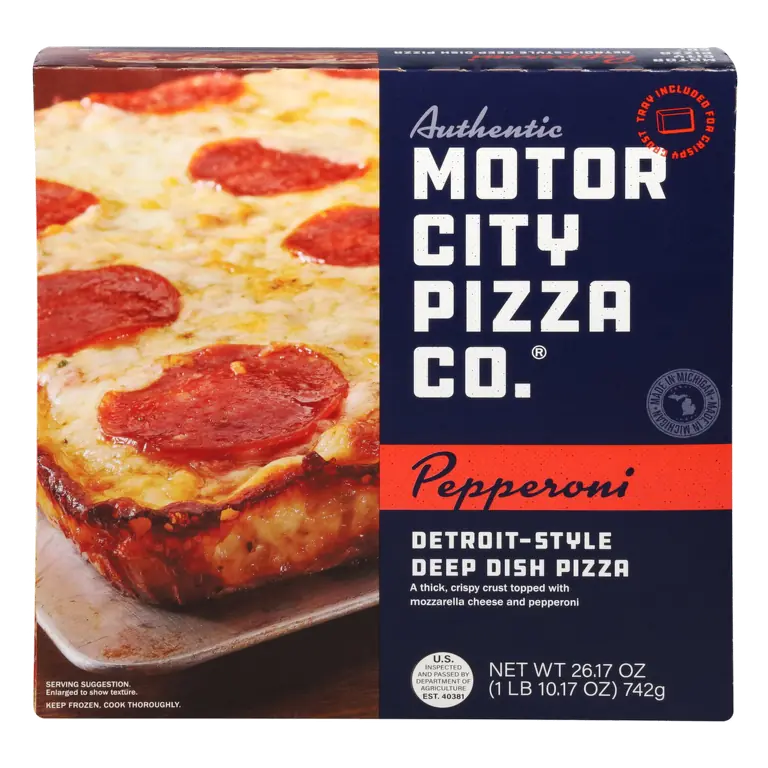 Pepperoni a Thick, Crispy Crust Topped Edge To Edge with 100% Real Mozzarella Cheese and Pepperoni Detroit-Style Deep Dish Pizza