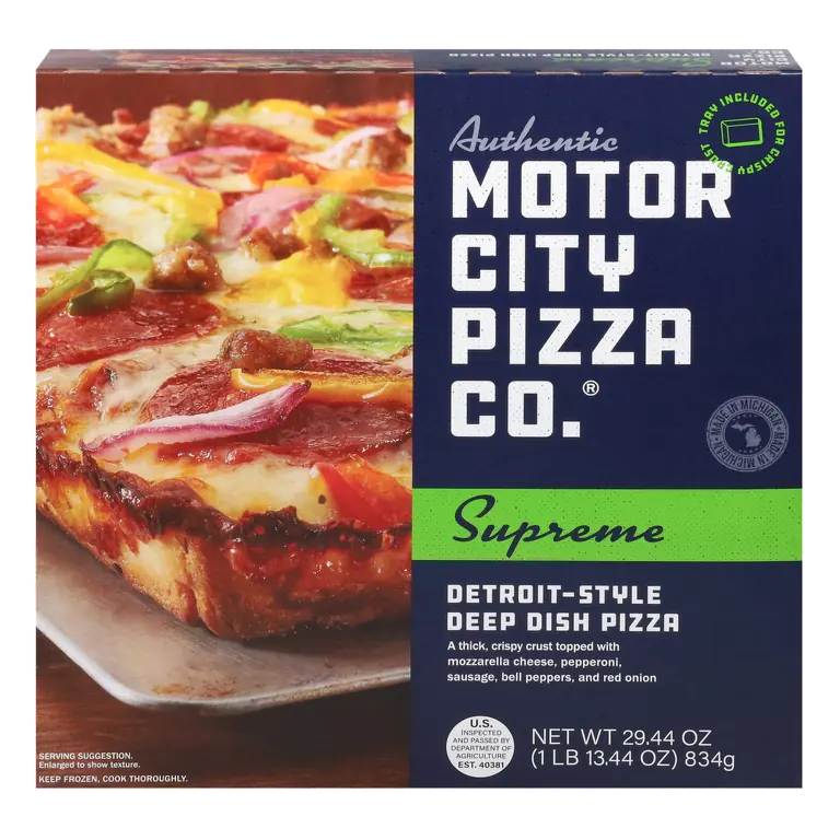 Supreme Topped Edge To Edge with 100% Real Mozzarella Cheese, Pepperoni, Sausage, Bell Peppers, and Red Onion Detroit-Style Deep Dish Pizza