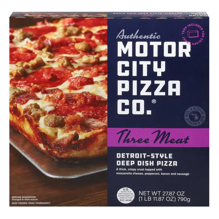 Three Meat a Thick, Crispy Crust Topped Edge To Edge with Mozzarella Cheese, Pepperoni, Bacon and Sausage Detroit-Style Deep Dish Pizza