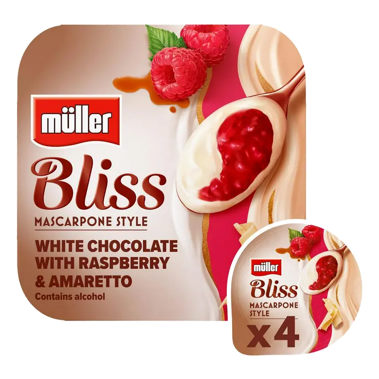 Bliss Mascarpone White Chocolate & Raspberry Amaretto Yogurt 4 x 100g