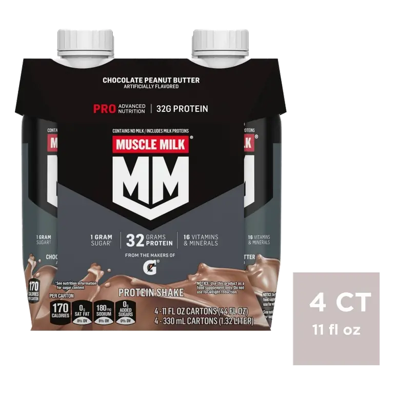 Muscle Milk Pro Nutritional Shake PB Chocolate Non-Caffeinated, 11oz/4pk: 32g Protein, Kosher Certified