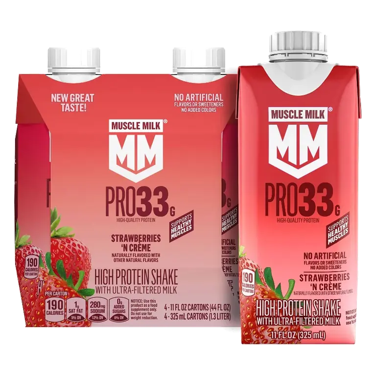 Muscle Milk Pro Strawberry 33g Protein Shake, 4pk/11oz: Non-Caffeinated, Ready to Drink, Nutritional Drink