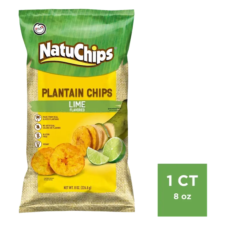 NatuChips Plantain Chips Lime Flavored, 8oz: Certified Gluten-Free, Vegan, No Artificial Flavors