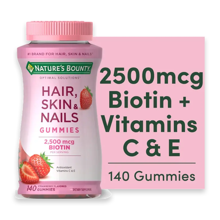 Optimal Solutions Hair Skin and Nails Strawberry Gummy Vitamins, Biotin 2500 mcg