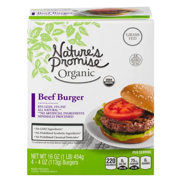 Organic 85% Lean 15% Fat Beef Burger Patties 4 ct Frozen