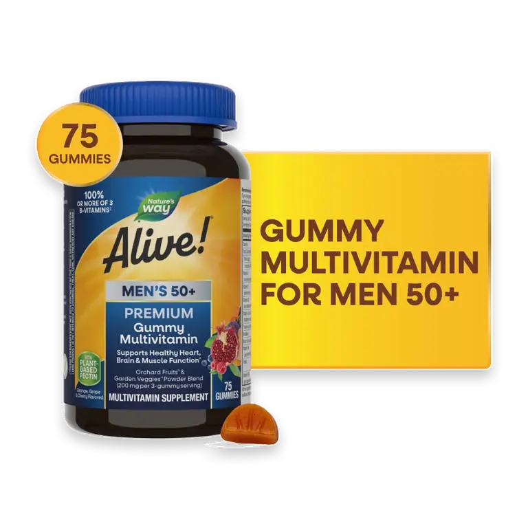 Alive! Men's 50+ Premium Multivitamin Orange Grape and Cherry Flavored Gummy