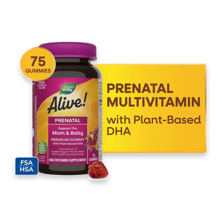 Alive! Prenatal Premium Multivitamin Plant Based DHA Strawberry And Lemon Flavor Gummy