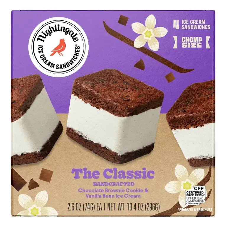 Nightingale The Classic Ice Cream Sandwiches Chomp Size, 10.4oz/4ct: Primary Flavors Chocolate, Vanilla
