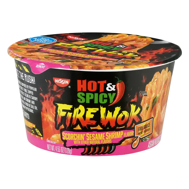 Hot & Spicy Fire Wok Sesame Shrimp Asian Noodles in Sauce Bowl