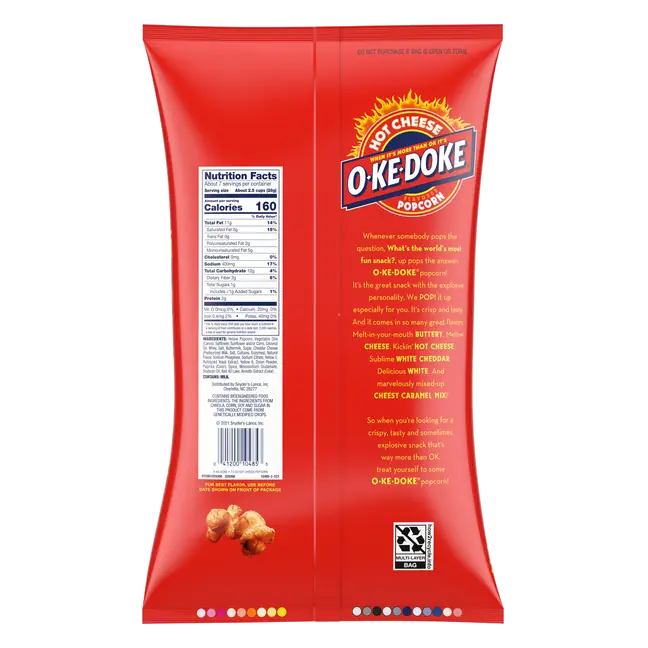 O-Ke-Doke Popcorn, Hot Stuff Cheese Popcorn, 7.5 Oz Bag
