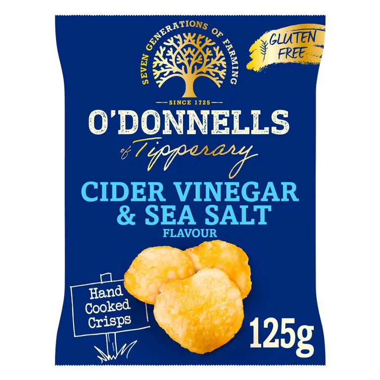 O'Donnells Hand Cooked Crisps Irish Cider Vinegar & Sea Salt Flavour 125g
