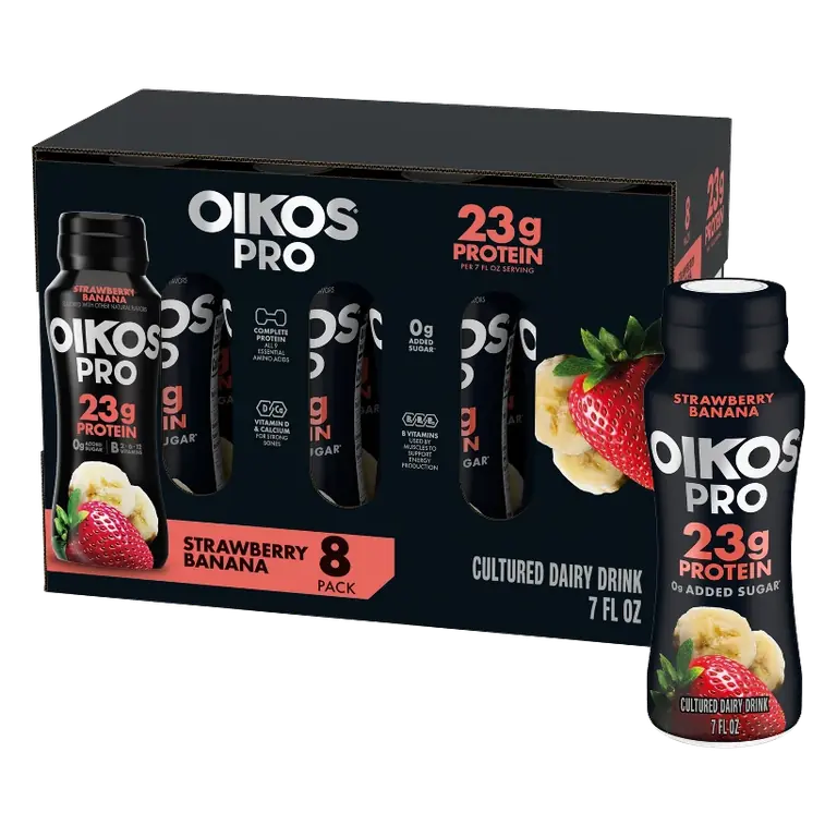 Oikos Pro Strawberry Banana Greek Yogurt Drink, 23g Protein 56oz/8ct