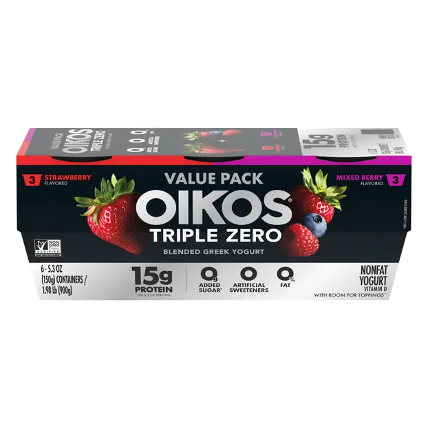 Triple Zero 15g Non Fat Strawberry/Mixed Berry Greek Yogurt - 6 ct