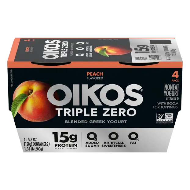 Triple Zero Non Fat Peach 15g Protein Blended Greek Yogurt Cup - 4ct
