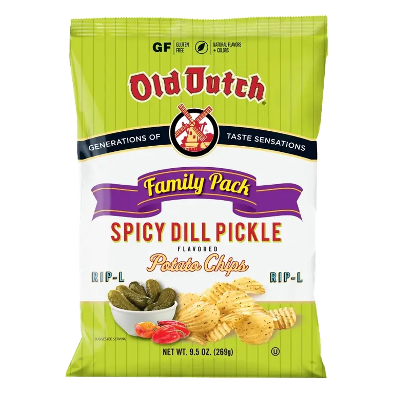 Old Dutch Spicy Dill Pickle Rip-L Potato Chips, 9.5oz: Gluten-Free, No Added MSG