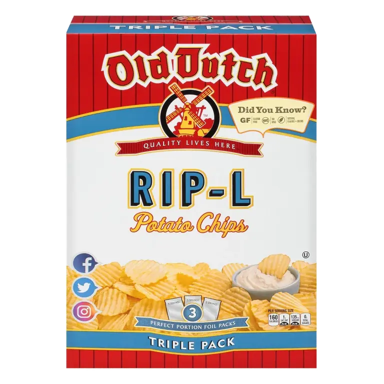 Old Dutch Triple Pack Rip-L Potato Chips, 15oz/3ct: Naturally Flavored, Gluten-Free, No Preservatives