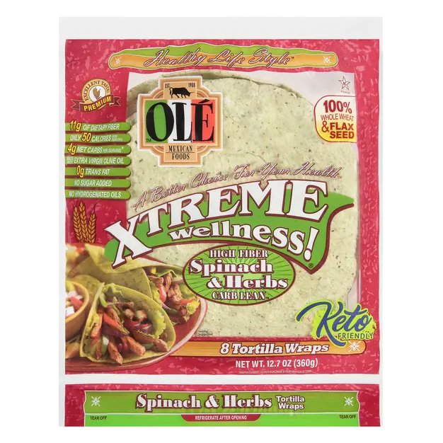 Ole Xtreme Wellness Keto High Fiber Spinach & Herb Tortilla Wraps - 8 ct