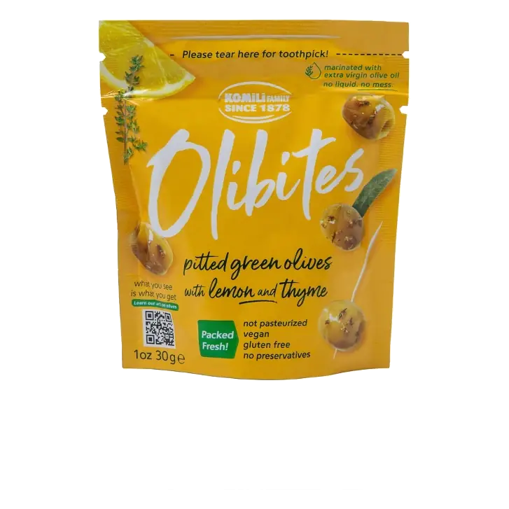 Olibites Pitted Green Olives with Lemon and Thyme, 1oz